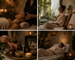 Luxury wellness experiences at Ziva Wellness featuring nervous system relaxation therapy, mindful breathing, aromatherapy rituals, and restorative stress recovery treatments.