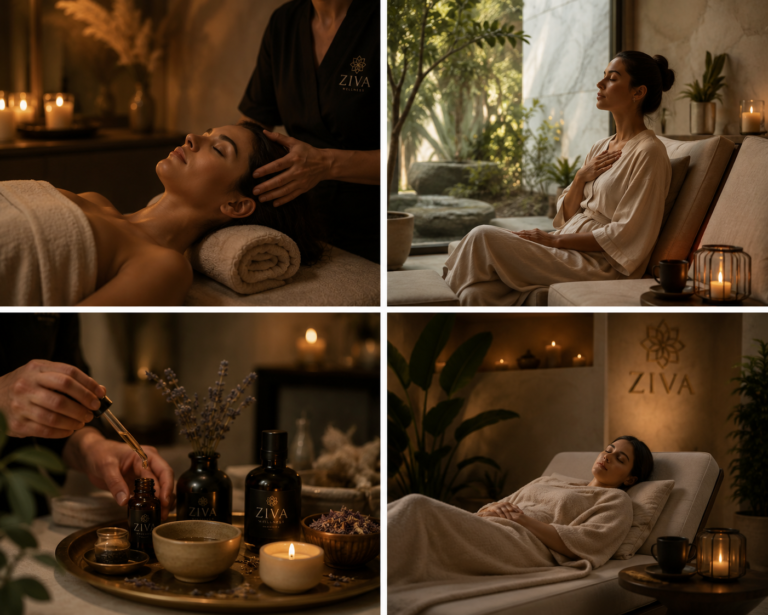 Luxury wellness experiences at Ziva Wellness featuring nervous system relaxation therapy, mindful breathing, aromatherapy rituals, and restorative stress recovery treatments.