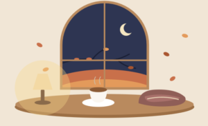 Illustration of a cozy autumn evening with an arched window showing a dusk sky and falling leaves, a glowing lamp, a steaming cup of tea, and a folded blanket on a wooden table.